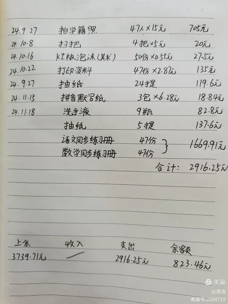 华阳小学一年级1班开学第一学期活动经费消费明细表